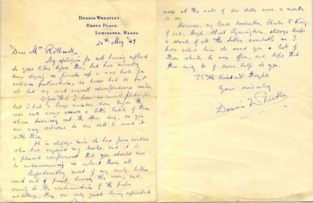 a letter from DW to my mother dated 20th May 1949. He apologises for the delay in replying to her letter as he has been trying to finish a new book for publication in the autumn. (This would in all probability have been 'The Rising Storm')