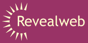 Revealweb logo - the word Revealweb with a sunburst from the letter R, all in cream on a maroon background